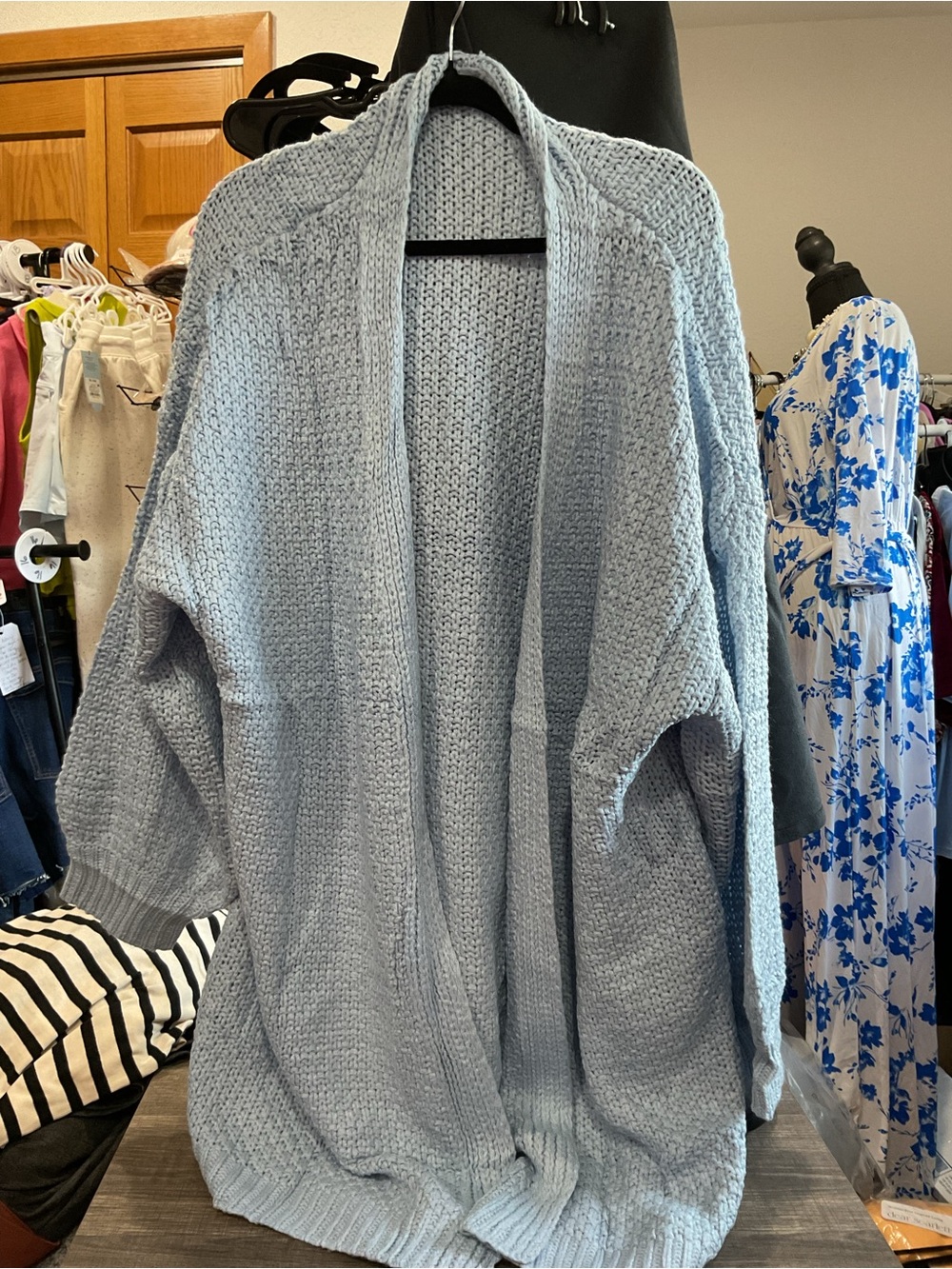WF394 - Women’s 3X Light Blue Chunky Knit Oversized Open Front Cardigan